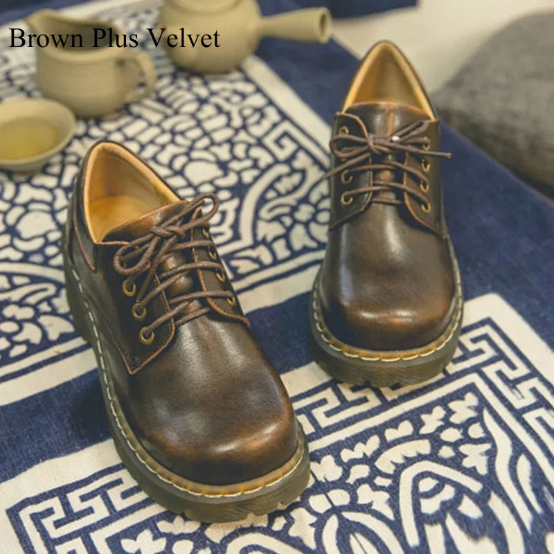 Brown Plus Velvet QPFJQD/сезон весна-осень; винтажные цветные женские оксфорды из натуральной кожи в британском стиле; женские Прошитые оксфорды; зимняя обувь на плоской подошве с мехом - Цвет: Brown Plus Velvet