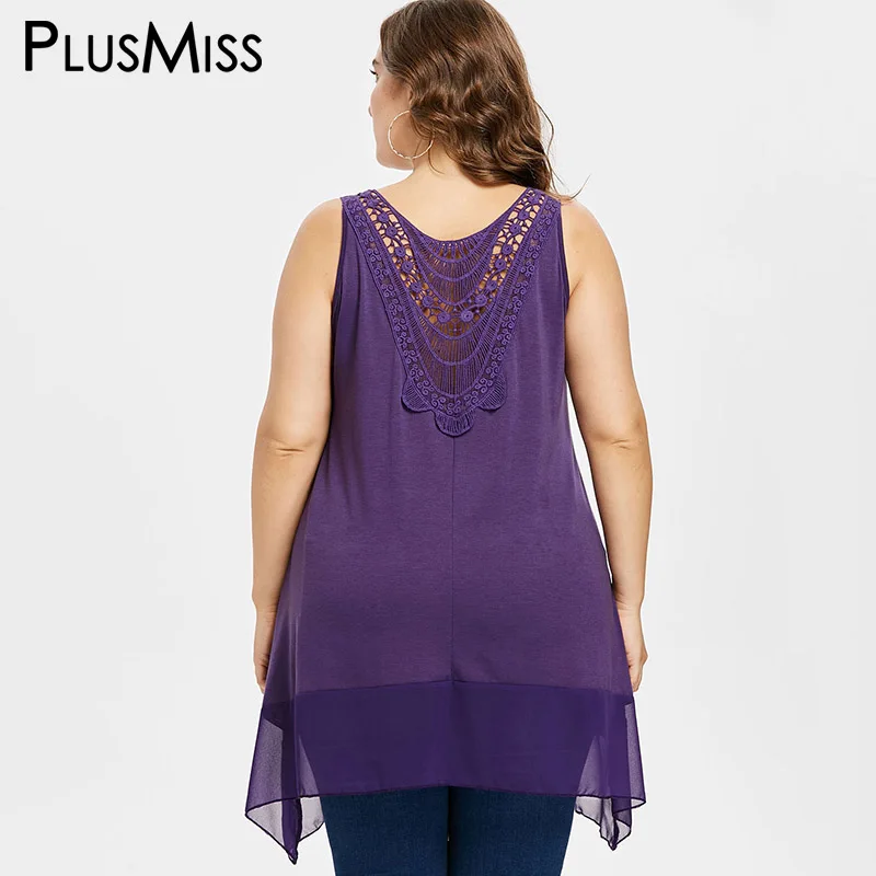 PlusMiss плюс Размеры 5XL 4XL двойной Кружева шифон длинная майка Для женщин Лето 2018 без