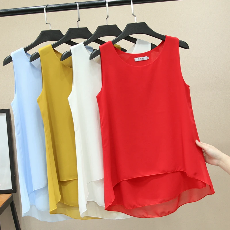 

2021 Fashion Brand Women's blouse Summer sleeveless Chiffon shirt Sheer Long Shirt Casual blouse Plus Size 4XL Loose Female Tops