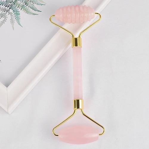 Gold color metal Дизайн дермаровый массажный ролик натуральный розовый кварц массажный камень массаж лица антивозрастной целлюлитный лифтинг массажный инструмент - Цвет: Gold color metal