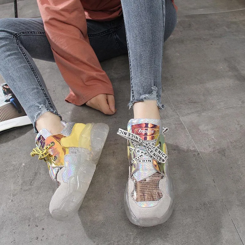 YELLOW Повседневная обувь; женские массивные кроссовки; zapatos de mujer; Новинка года; chaussures femme; женская обувь на платформе; обувь в стиле пэчворк; Цвет Серебристый - Цвет: YELLOW
