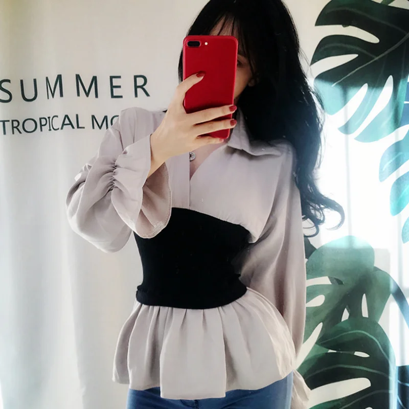 

Qiukichonson Waisted Korean Fashion Vintage Peplum Top Women 2019 Spring Autumn Patchwork V-neck Long Flare Sleeve Blouse Women