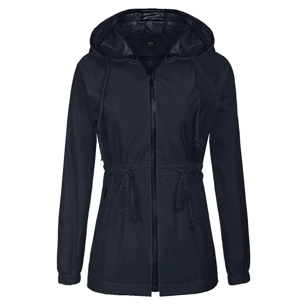Hooded Lightweight Waterproof Black Navy Long Casual Raincoat Blue Sleeve Rain Zipper Regular Jacket Women Yellow Solid - Цвет: Navy Blue