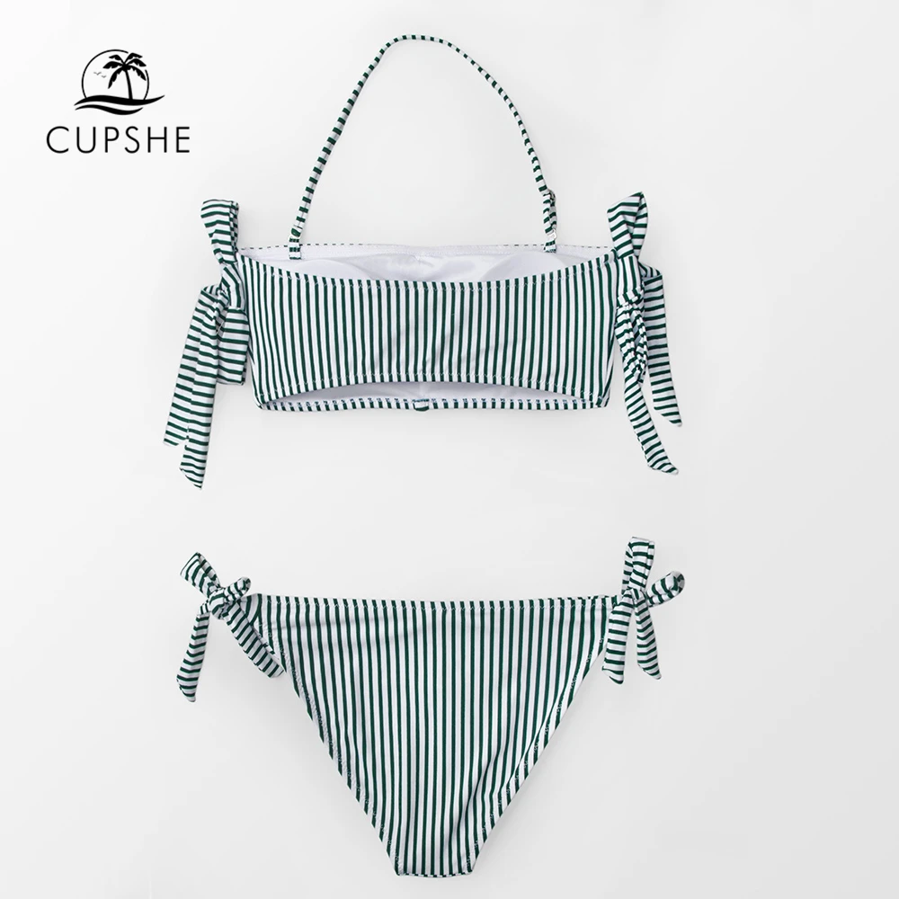 CUPSHE/комплект бикини в зеленую и белую полоску с открытыми плечами, женский купальник с завязанным бантом, 2 предмета,, пляжные купальники для девочек