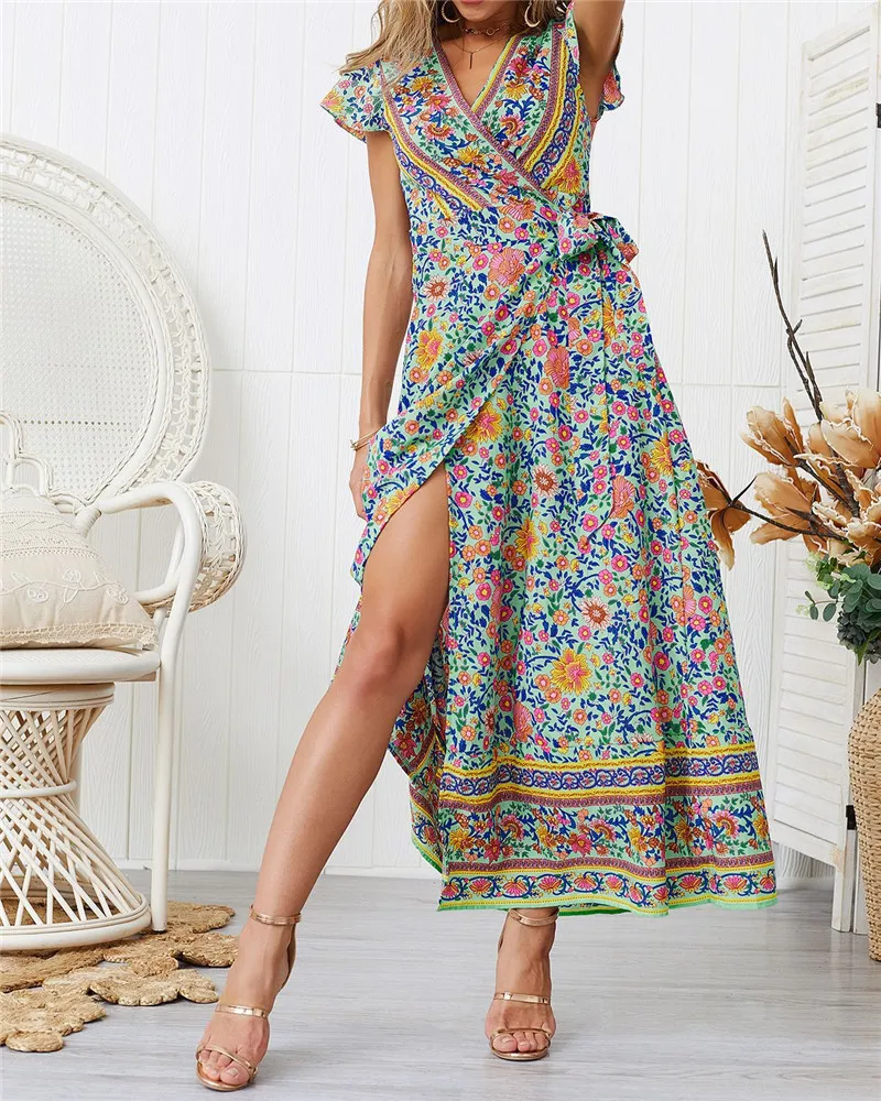 2019 каникулы пляж длинное летнее платье для женщин с коротким рукавом v образным