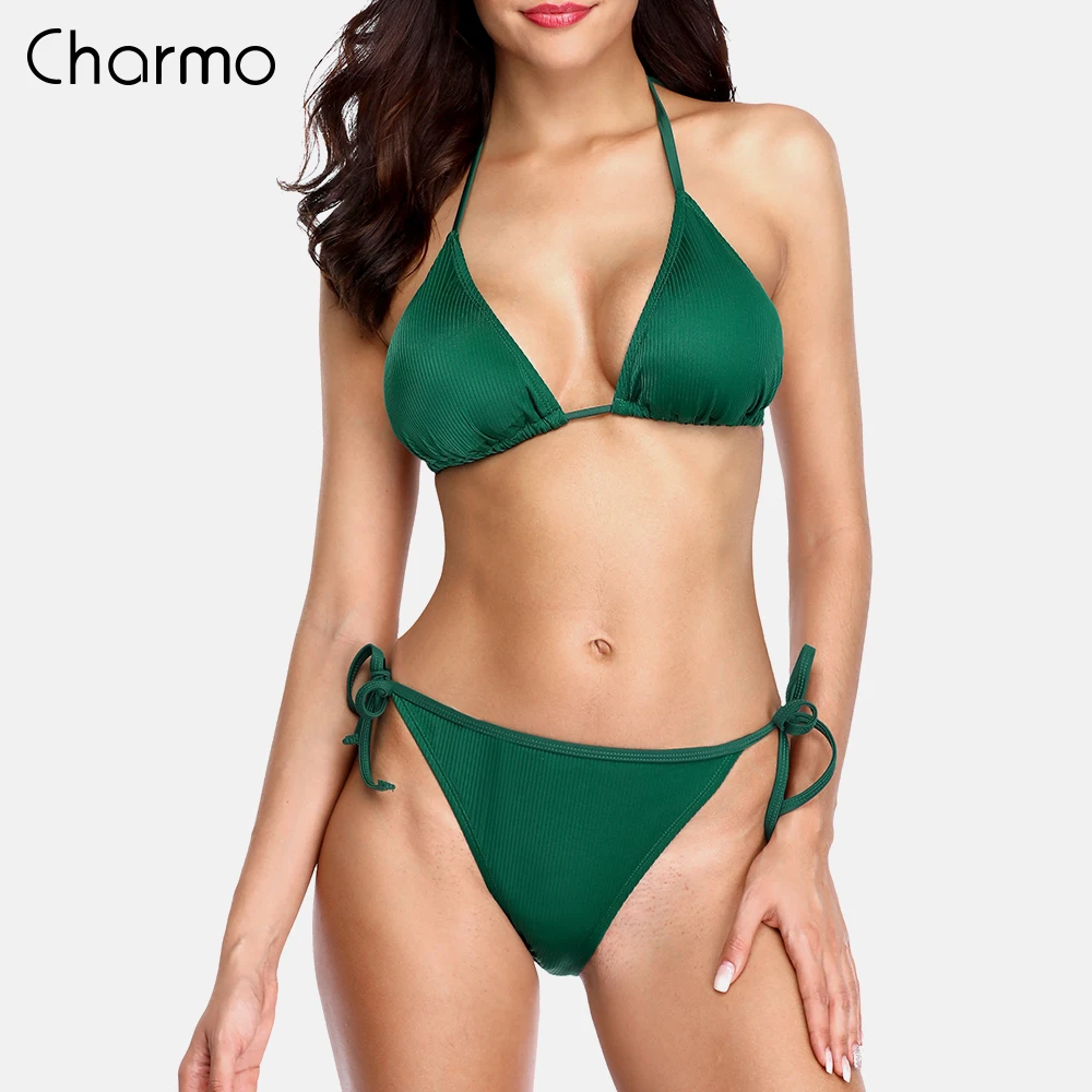 Женский купальник с заниженной талией Charmo однотонное бикини лямкой на шее