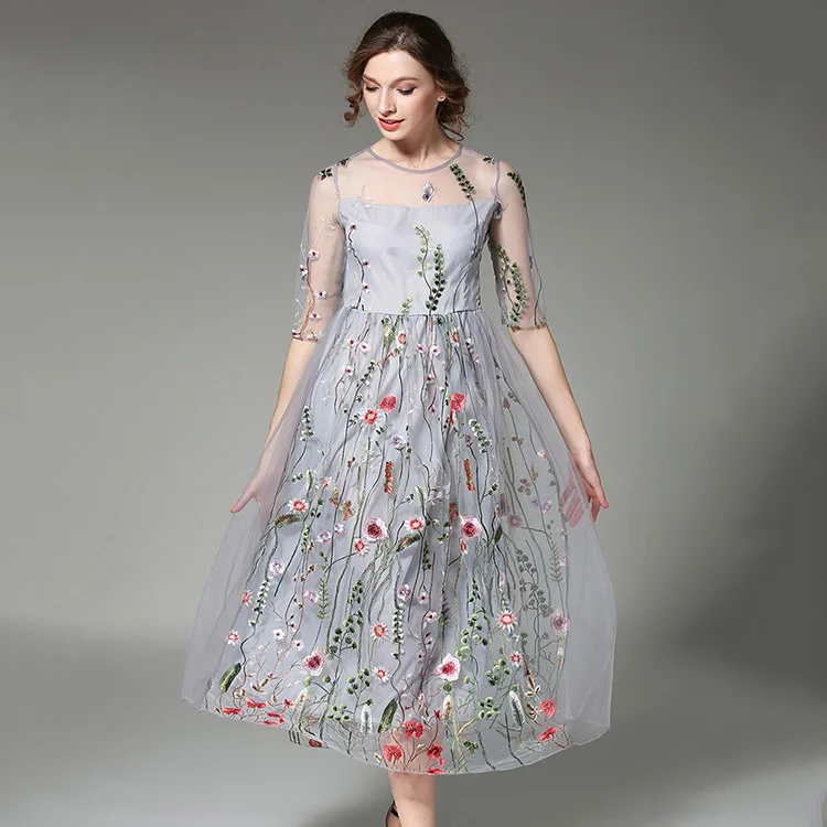 Бесплатная доставка 2017 Новый Стиль Весенняя вуаль вышивка цветок изящное платье