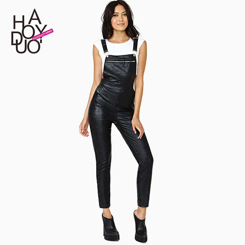 Black PU leather straps Siamese pants 