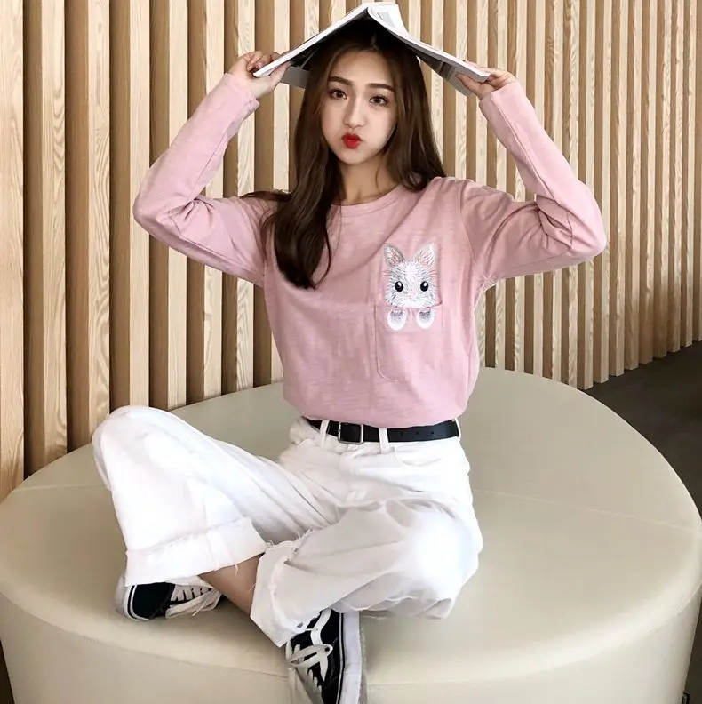 Женские футболки Туника Kawaii Женская винтажная Осенняя футболка с вышитым
