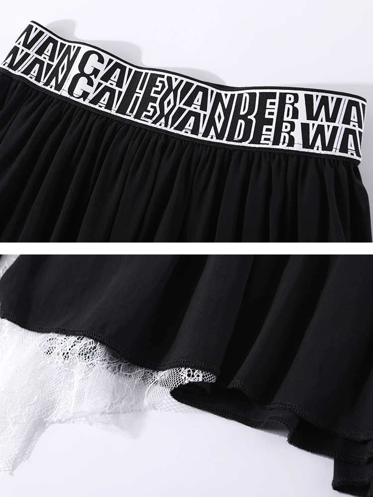 AOLI Women Long Skirt Black White Splice Elastic Plus Size Lace High Waist Irregular Hem Pleated Female Midi DBQ909017 | Женская одежда