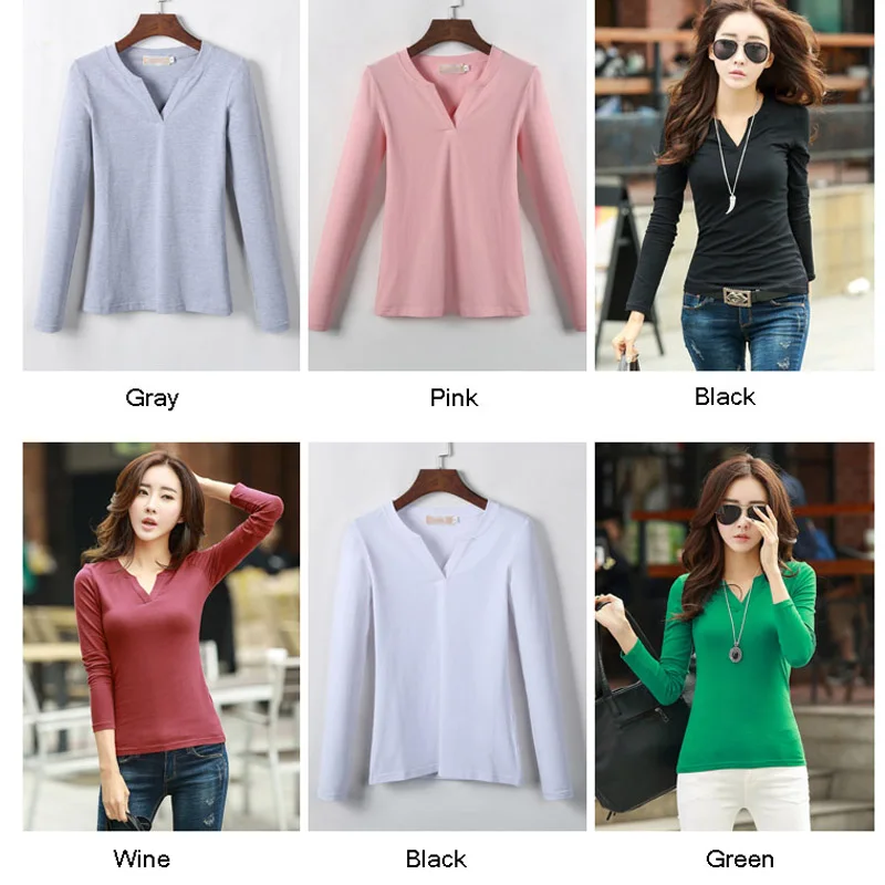

Plus Size S-3XL Tshirt Top 2017 Korean Fashion Slim Spring Autumn V-neck T Shirt Women Long Sleeve Tees Casual Cotton Tops B1774