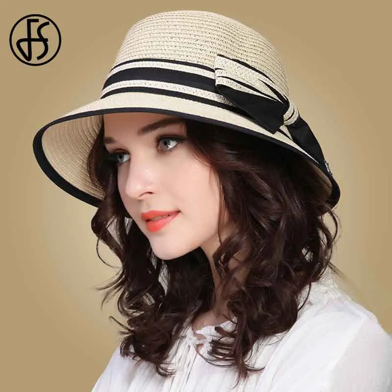 Женская соломенная шляпа FS летняя пляжная складная с широкими полями и бантом