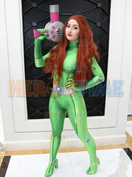 Sam fully Spies Косплей Костюм DyeSub печать зеленый комбинезон из лайкры Zentai костюм для