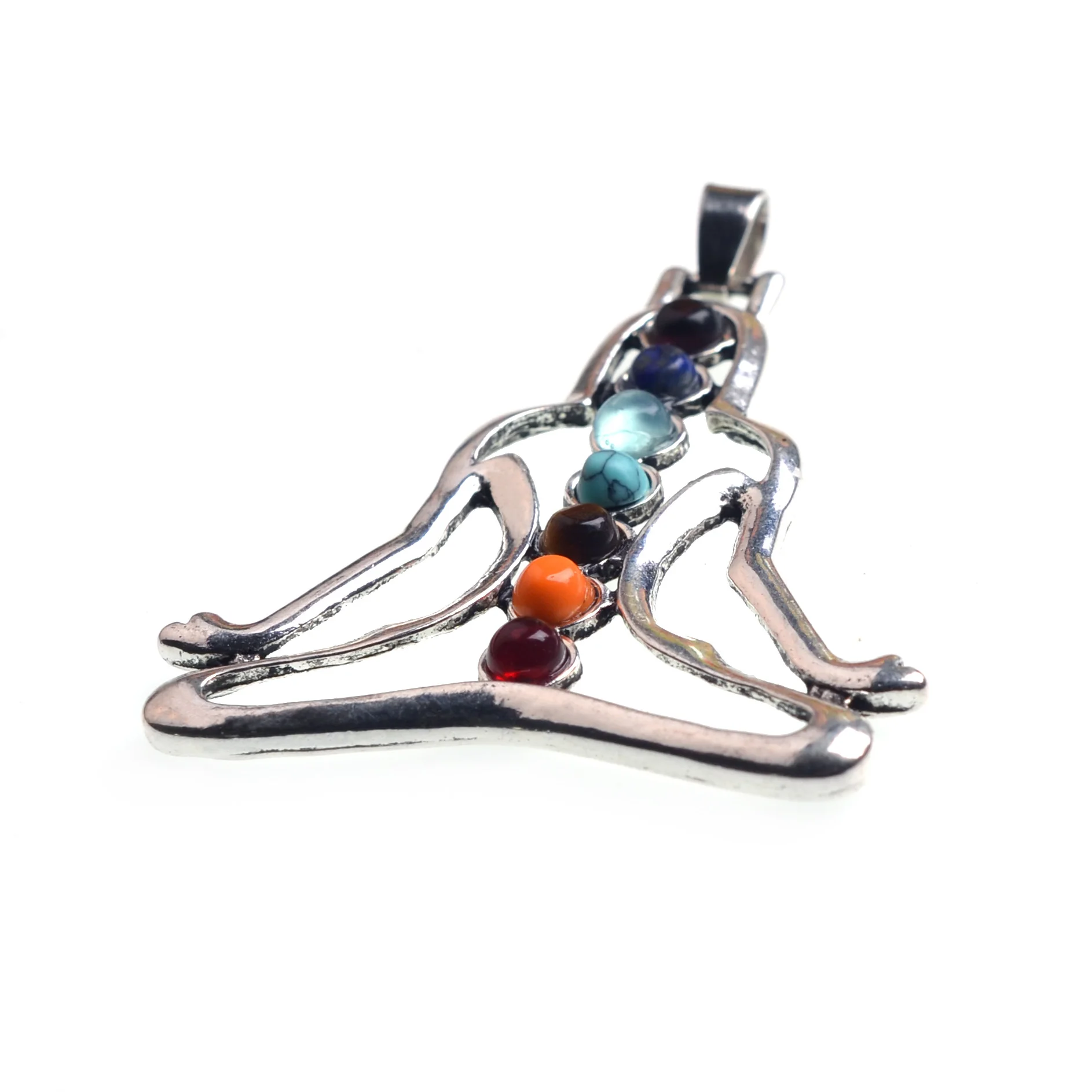 New Indian Meditation Seven Chakras with Natural Seven Gems Pendant Silver Handmade Pendant Necklace Humanoid Yoga Pendant