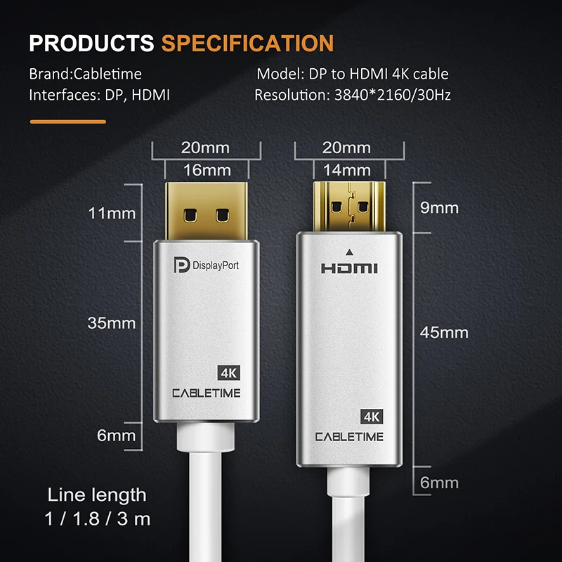 Кабель DisplayPort to HDMI кабель адаптер 4K 30Hz DP To HDMI позолоченный DisplayPort1.2 для HDTV проектора ноутбука, Montor N165