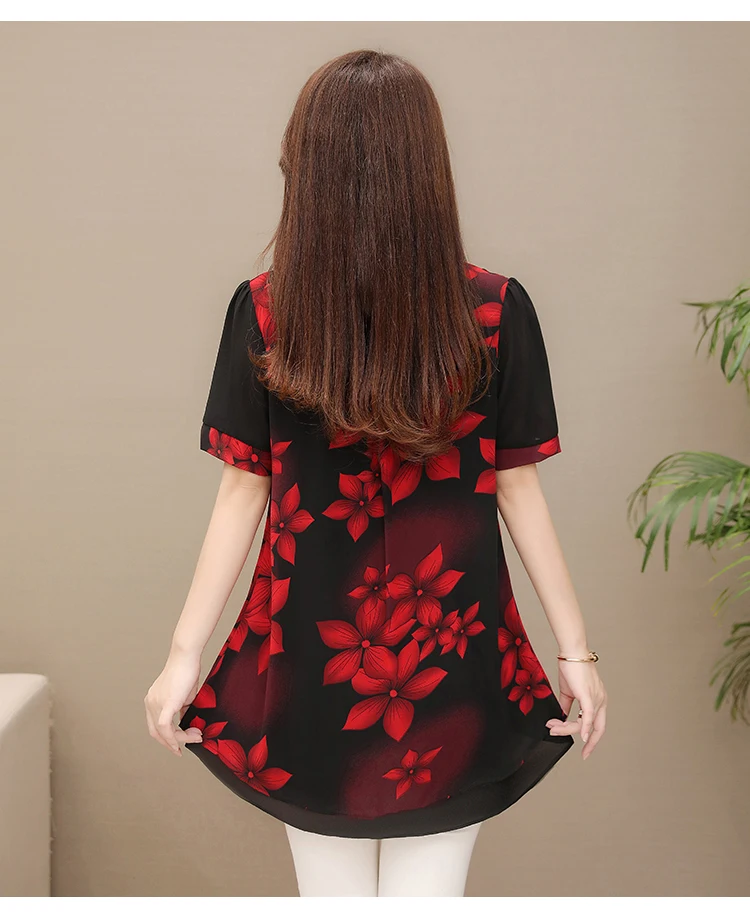 5XL, осенняя шифоновая блузка, рубашки, повседневные, цветочные, свободные, элегантные, с круглым вырезом, с коротким рукавом, с цветочным принтом, топы, блузы, блузка,, для женщин