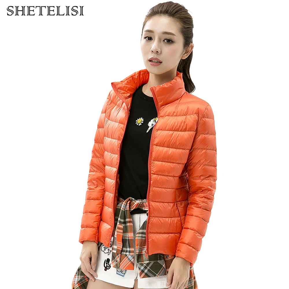 Однотонный зимний женский пуховик карманный модный 90% утиный пух ультралегкий