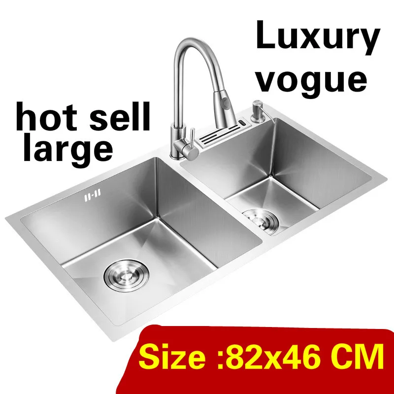 

Free shipping Household big kitchen manual sink double groove luxury stretch faucet 304 stainless steel hot sell 82x46 CM