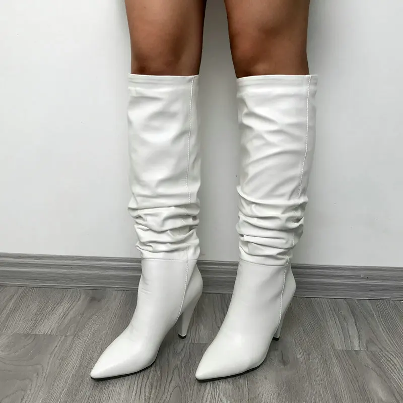 White PU Зимние замшевые сапоги черного, красного, коричневого цвета; женские сапоги до колена с острым носком; женские сапоги с заостренным носком на толстом каблуке - Цвет: White PU