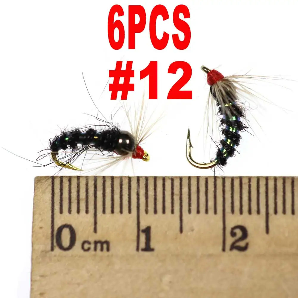 size 12 black 6pcs Bimoo 6 шт.#8#10#12 Радужная коричневая форель Greyling Char Caddis металлический латунный шарик голова Nymph Премиум Рыбалка Мухи черный оливковый - Цвет: size 12 black 6pcs