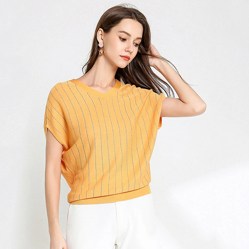 Женские новые модные рукава летучая мышь Янтарный тенсель трикотаж Летние