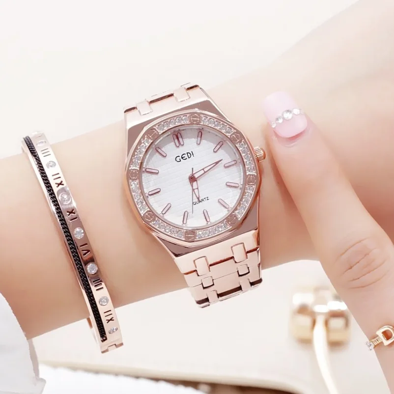 Rose gold white GEDI брендовые новые женские роскошные часы из розового золота Модные Бриллианты ремешок из нержавеющей стали водонепроницаемые кварцевые часы подарок часы - Цвет: Rose gold white