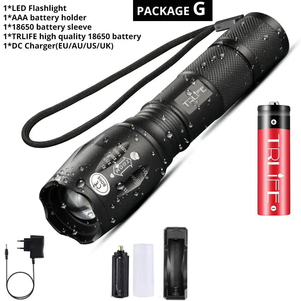 Package G Светодиодный светильник-вспышка, самый мощный фонарь T6/L2/V6, походный светильник, 5 режимов переключения, водонепроницаемый, масштабируемый, велосипедный светильник с батареей 18650 - Испускаемый цвет: Package G