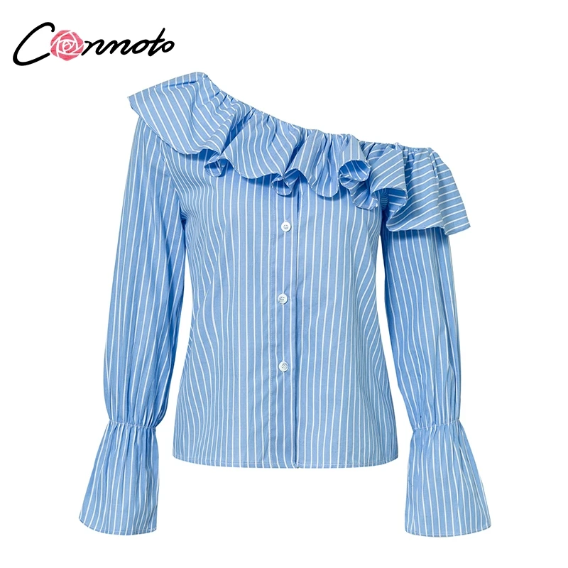 Conmoto Белая блузка в синюю полоску синяя белую для офиса на одно плечо с воланами
