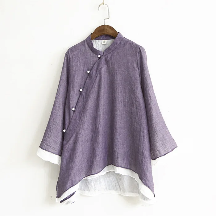 

NANABUBU Cotton Shirt Long Sleeve Summer Autumn Women Blouses Tops Solid Casual Loose Stand Collar Vintage Shirts Women's Blusas