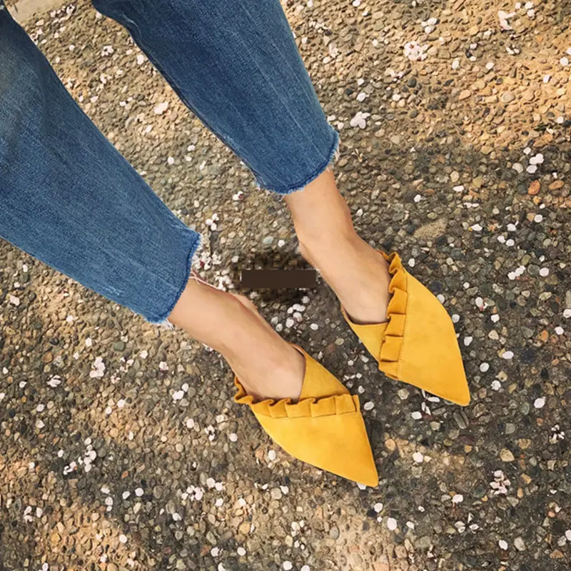 Шлепанцы женские без застежки плоская подошва лоферы с оборками обувь на