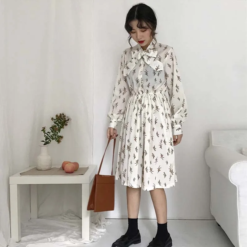 Женское свободное платье с бантом и принтом повседневные платья длинным рукавом