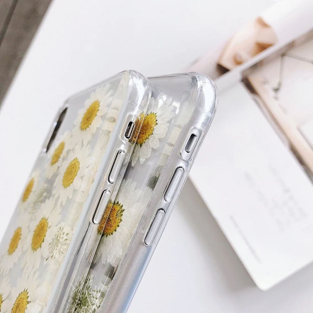 Daisy Real Flower Dried Flowers Transparent Phone Case For iPhone X XR XS Max 8 7 6 6s Plus Soft Silicone TPU Back Cover Coque |