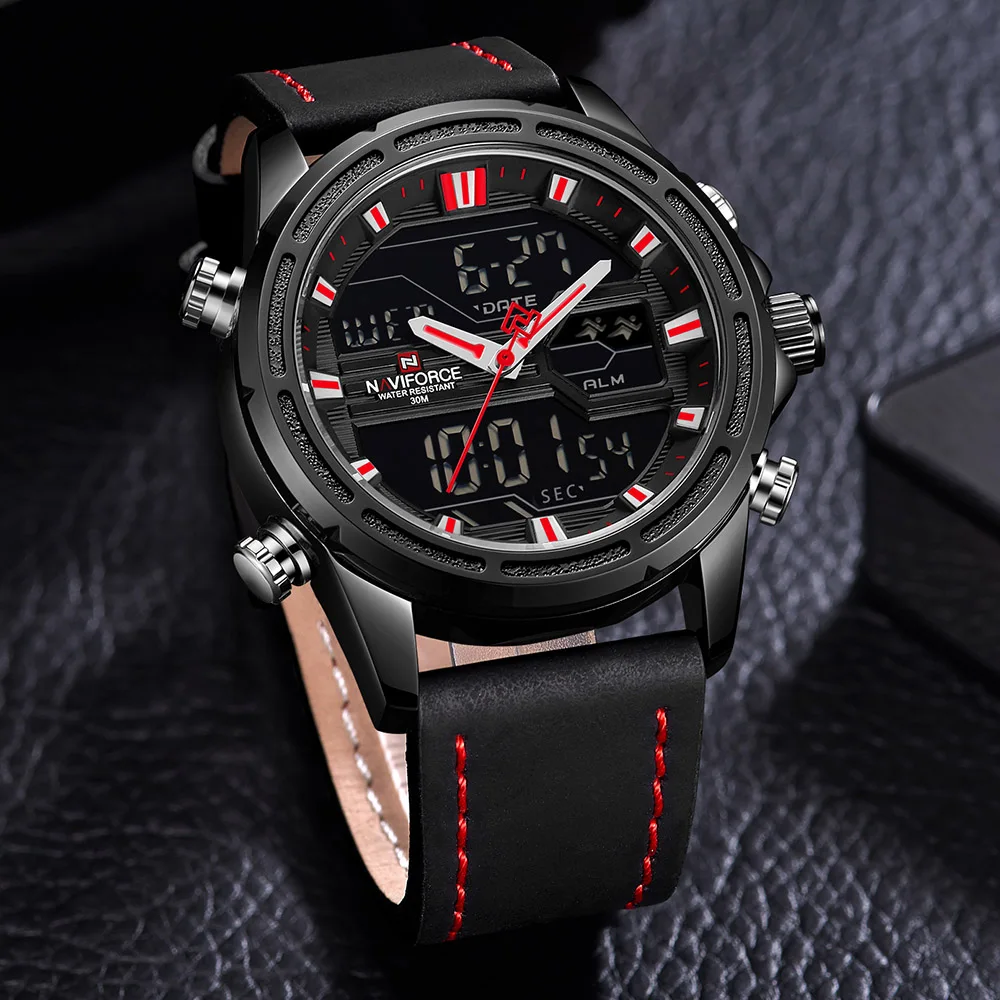 NAVIFORCE 9138 мужские спортивные часы из натуральной кожи светодиодный кварцевые