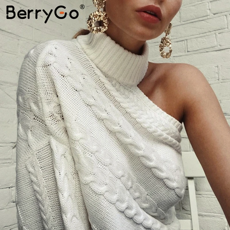 BerryGo One shoulder white turtleneck knit sweater female Fashion long sleeve casual pullover Women 2018 autumn winter jumper | Женская