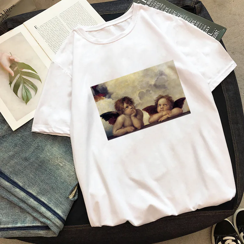 Женская футболка с принтом милого ангела и масляной живописи новая летняя модная