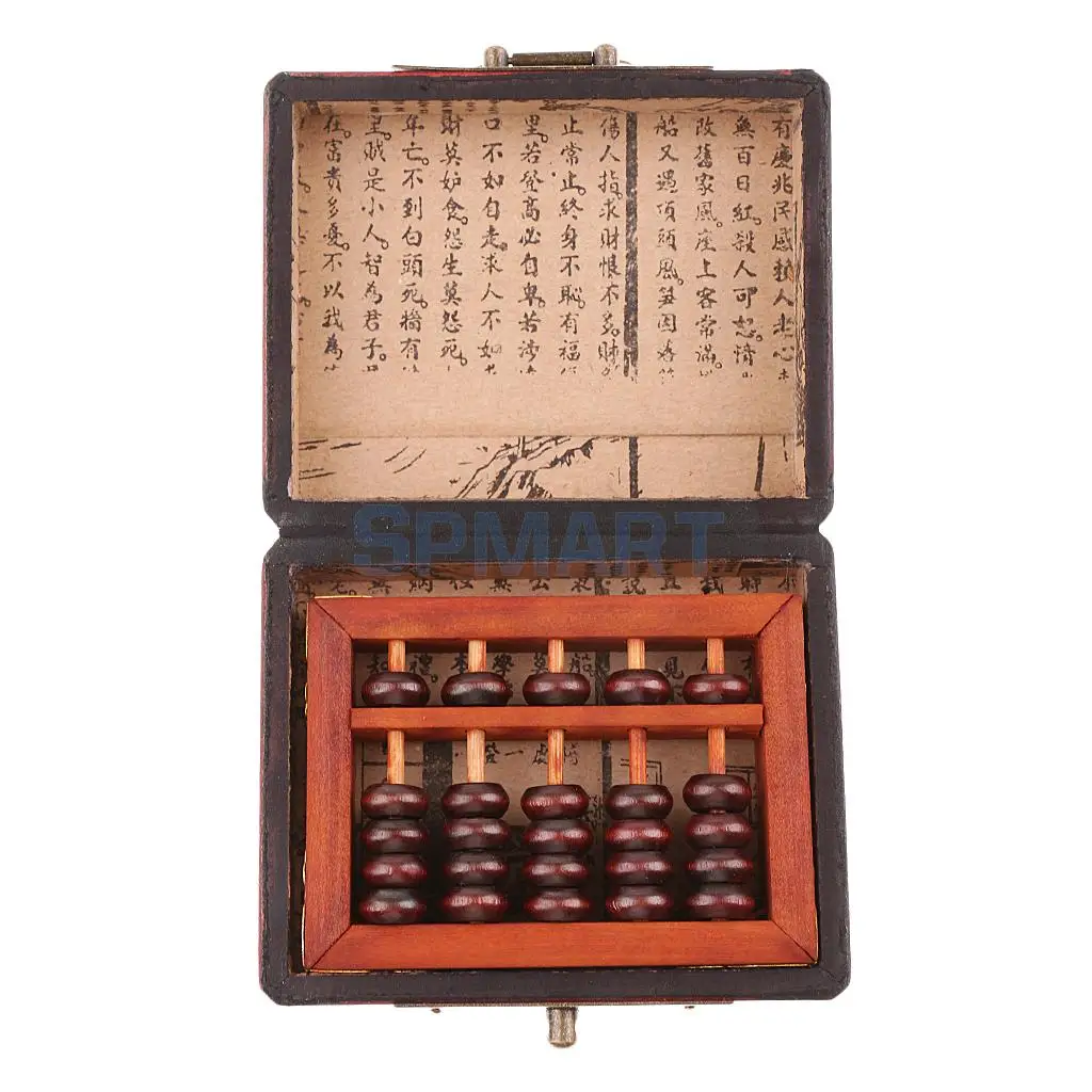 

5 Rows Vintage Chinese Wooden Bead Arithmetic Abacus with Box Classic Ancient Calculator Calculating Tool Collectables