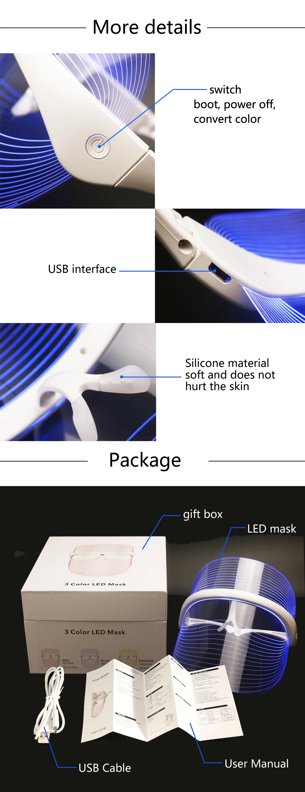Кожа маска для лица 3 цвета светодиодный маска для лица USB Фототерапия оборудование для красоты маски для кожи лица Уход Инструмент
