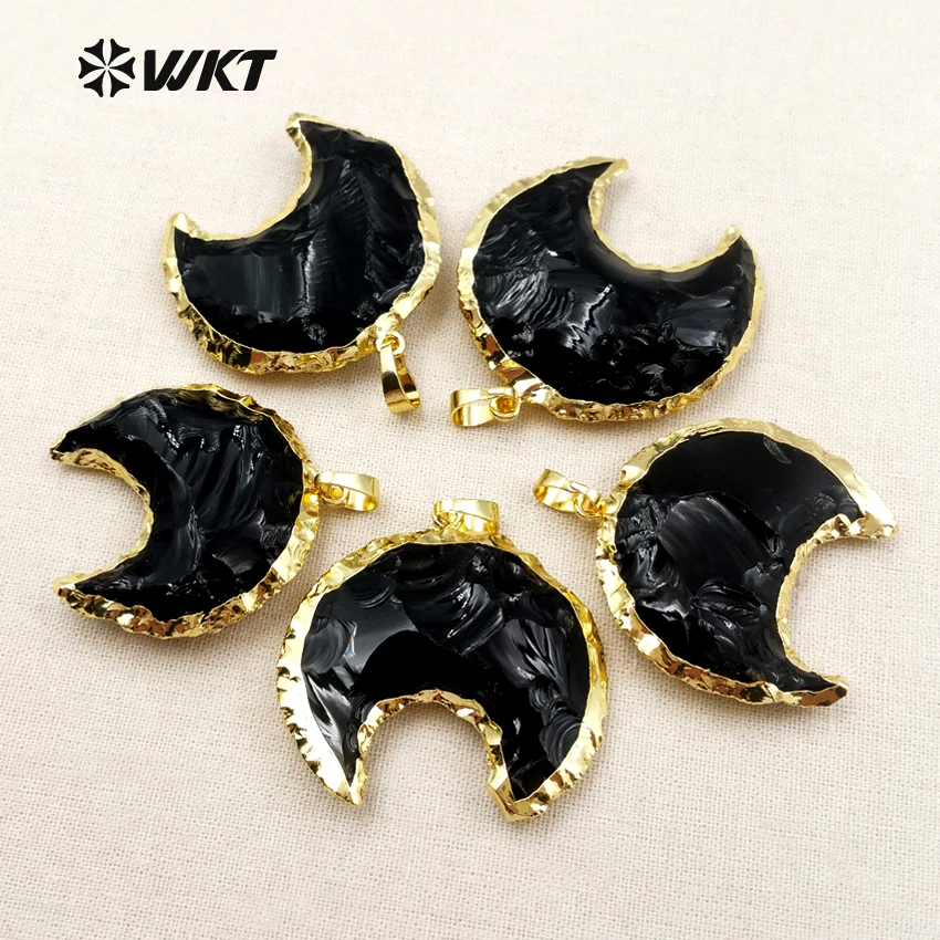 WT-P1322 wkt опт Подвеска из черного обсидиана форма Полумесяца кулон уникальный стиль для женщин ожерелье около 30 мм