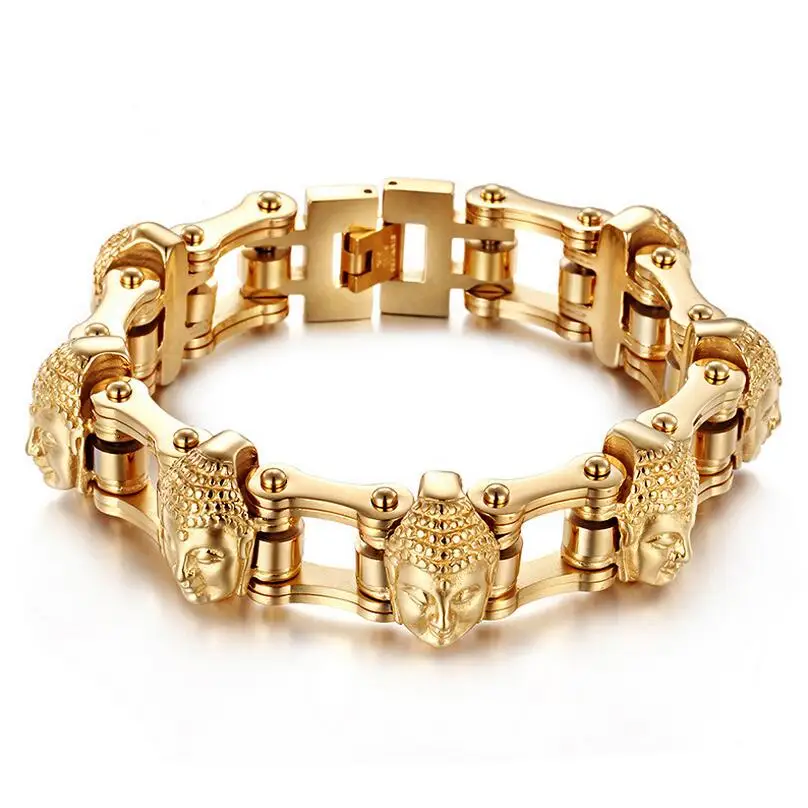 

Buddhist friends Mens Gold Chain Buddha Head Biker Bicycle Motorcycle Link 316L Stainless Steel Bracelet - free shipping