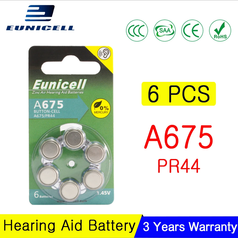 

6PCS Eunicell 1.45V Zinc Air Hearing Aid Batteries A675 675A ZA675 675 PR44 Hearing Aid Battery Ear Care for BTE Hearing Aids