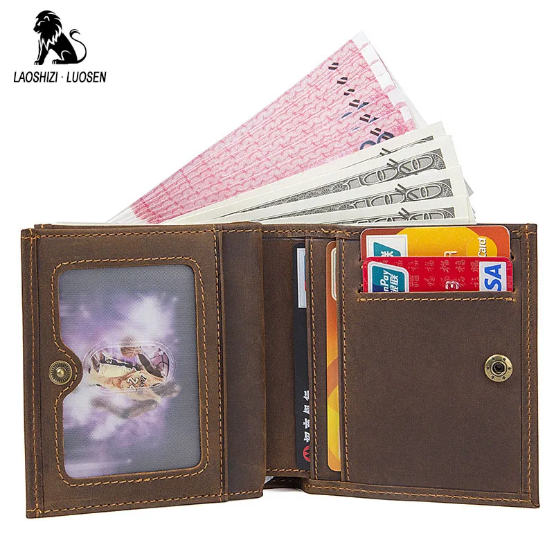 LAOSHIZI LUOSEN двойной кошелек мужской Crazy Horse из натуральной воловьей кожи RFID кошелек, небольшой кошелек мужской повседневный кошелек мужской держатель для карт