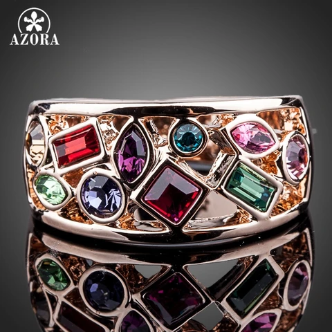 Кольцо с австрийскими кристаллами AZORA, розовое золото, разноцветное, Stellux TR0097