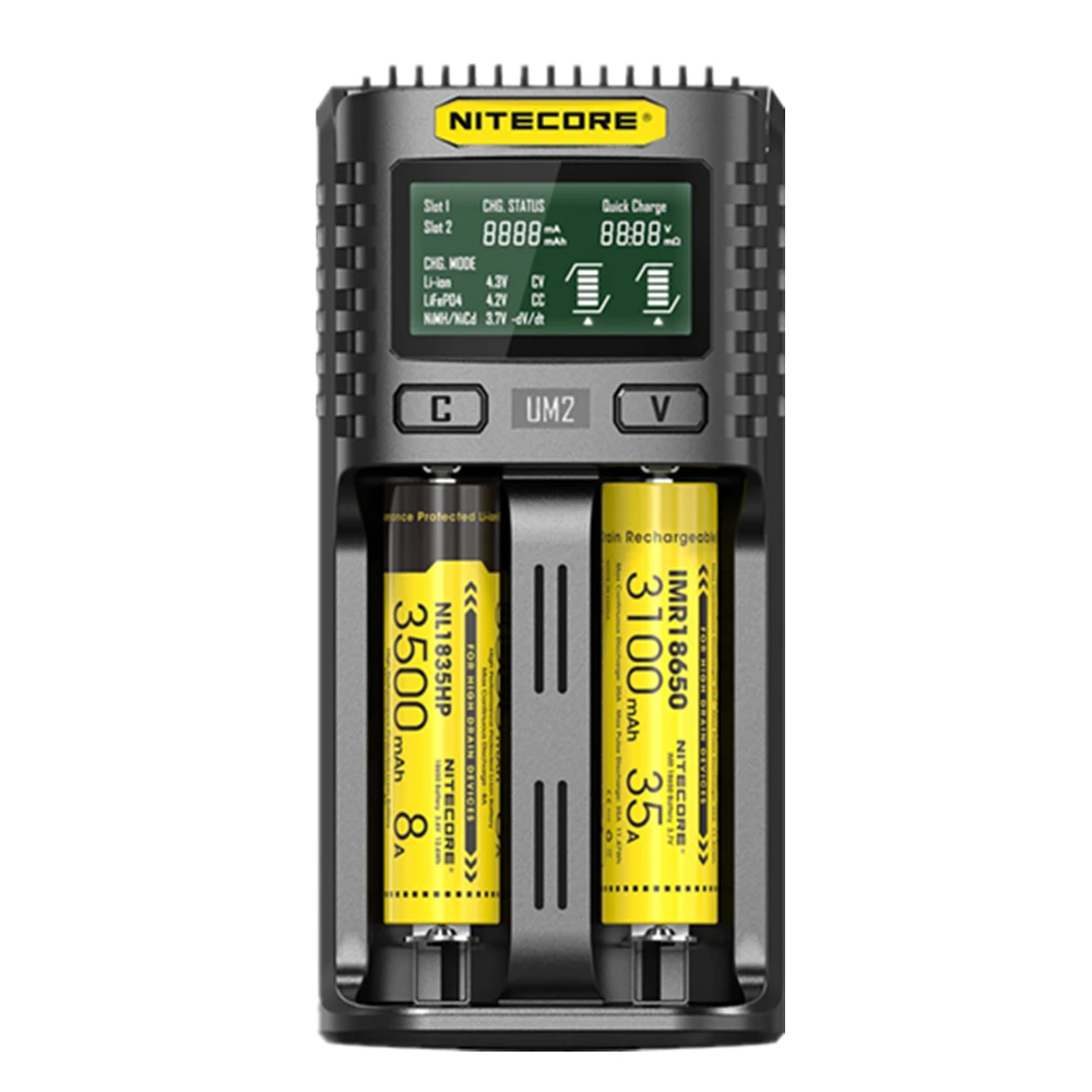 NITECORE UM2 автоматическое универсальное 3а быстрое зарядное устройство интеллектуальное USB Двухслотовое зарядное устройство ЖК-дисплей литий-ионный IMR аккумулятор 18650 21700
