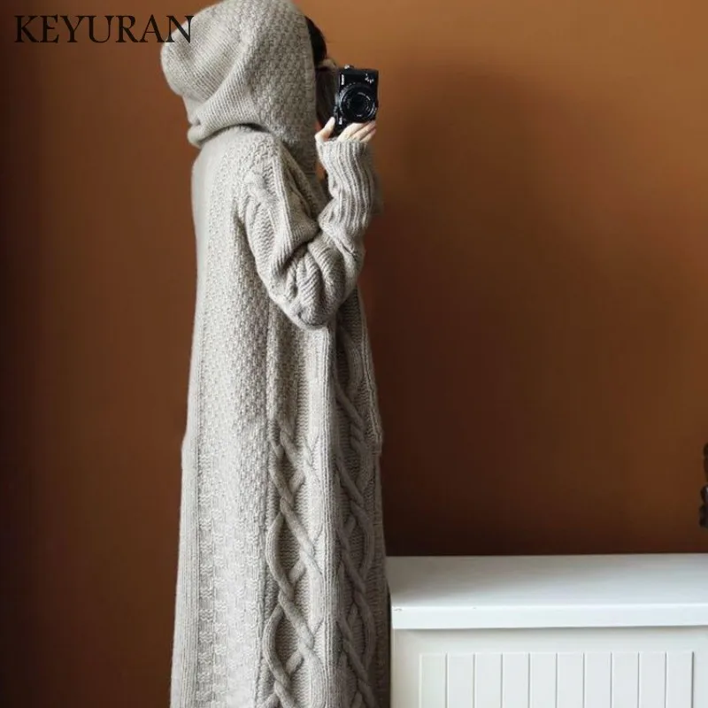 Модный кашемировый осенний женский Винтажный Длинный вязаный кардиган, пальто, Женский Свободный вязаный свитер с капюшоном