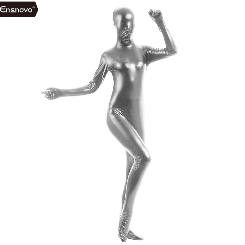 Ensnovo комбинезон Женщины Zentai телесный полный боди черный блестящий металлик Zentai косплей костюм дешевый комбинезон из лайкры Unitard - Цвет: Silver