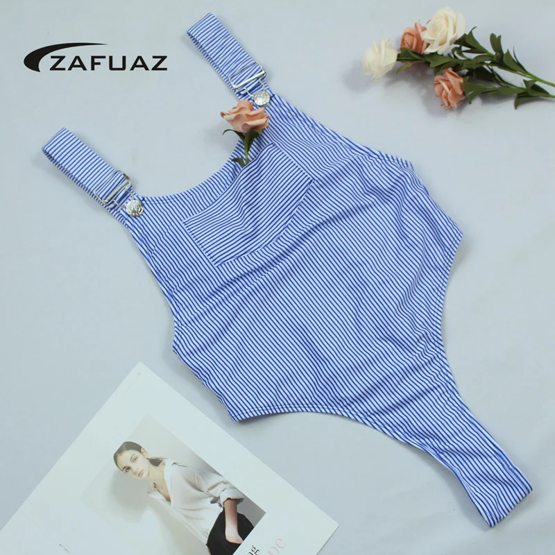ZAFUAZ Sexy полосой бикини с кармашками поясом BathingSuit купальник-монокини высокой