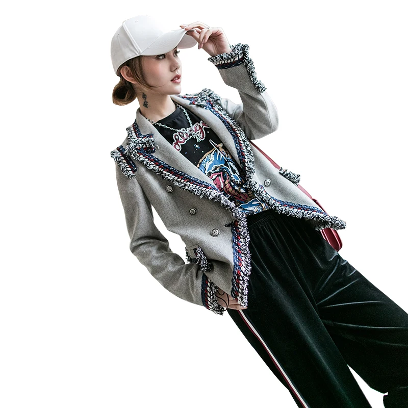 

Women Basic Coats 2020 Spring Autumn Ladies Runway Korean Spliced Gray Twill Fashion Fringe Ladies Tweed Jackets