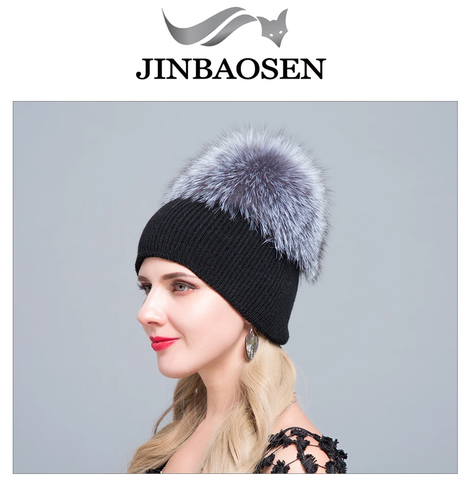 JINBAOSEN, русская мода, Вязаная Шерстяная меховая шапка, мех лисы, Прошитые наушники, зимняя Лыжная шапка, женская теплая шапка, моющаяся, двойная, толстая меховая шапка