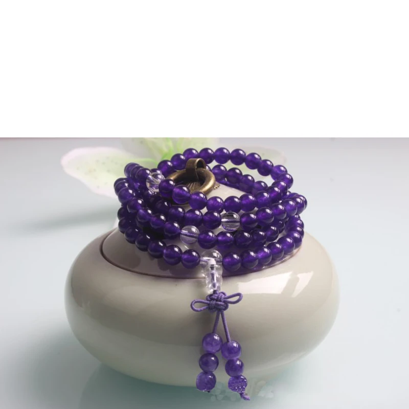 Браслеты из натурального фиолетового халцедона с белыми хрустальными бусинами