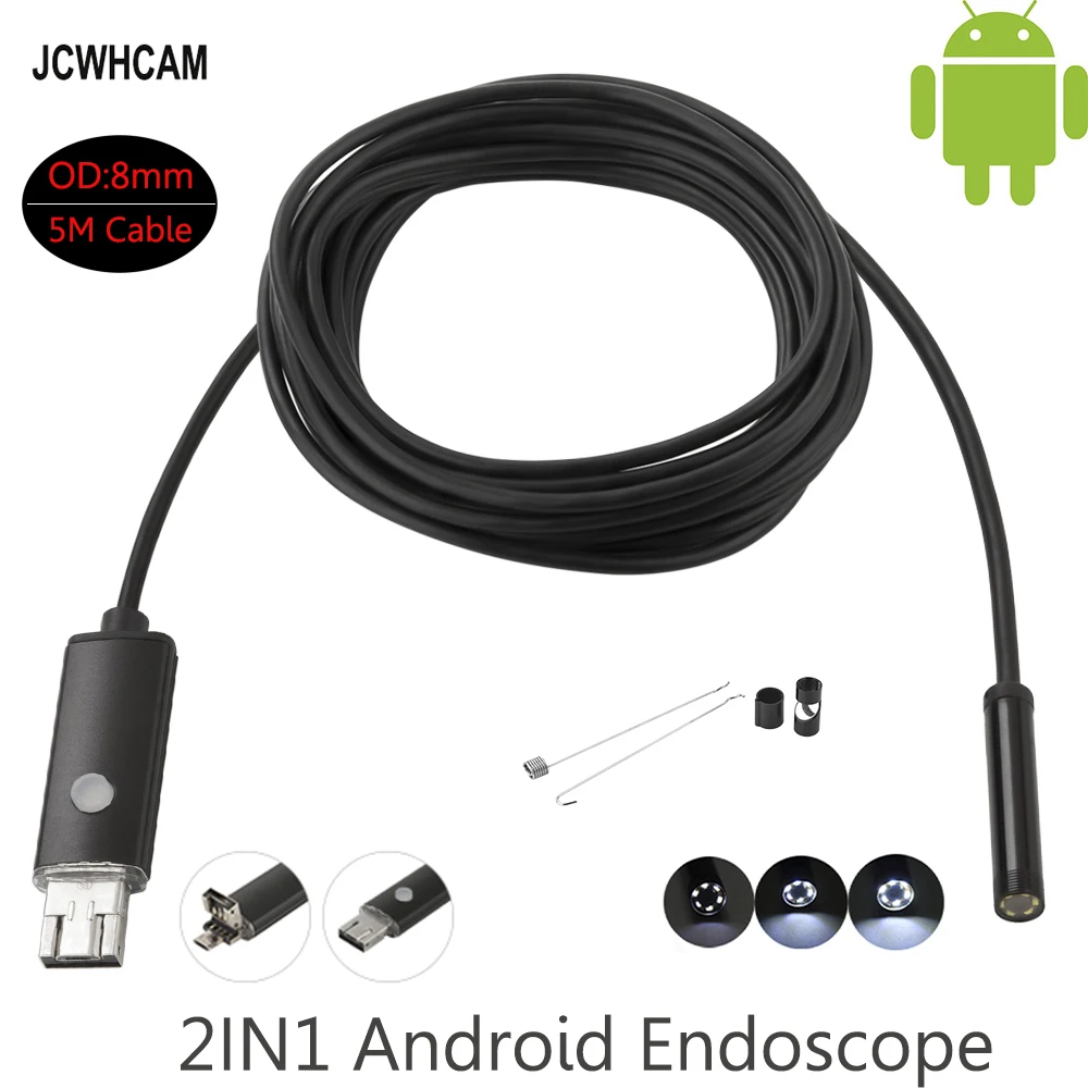 JCWHCAM USB Android эндоскоп 8 мм 5 м Длина эндоскопа 2 М HD Инспекционная камера Змея